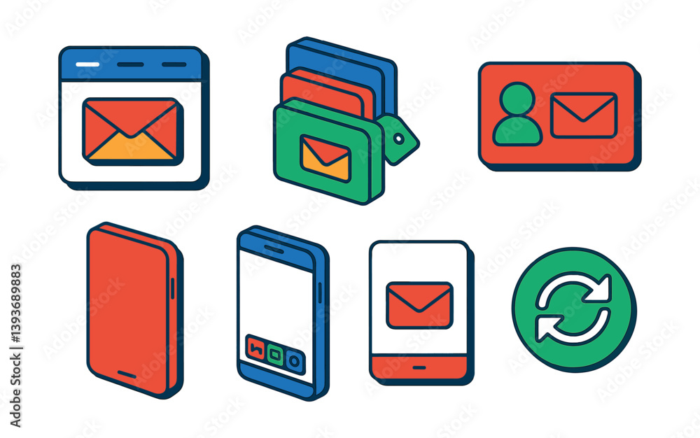 Poster email and messaging isometric icon set for digital communication interfaces