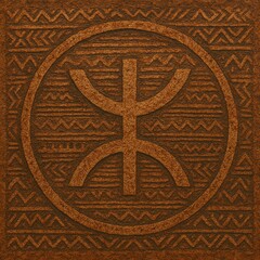 A symmetrical tribal symbol enclosed in a circle is centered over a patterned background of zigzags and lines, etched in earthy tones to evoke ancient cultural or spiritual meaning.