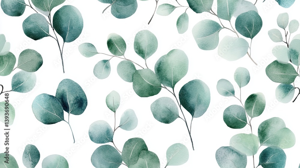 Poster serene watercolor eucalyptus pattern on white backdrop creating calming effect