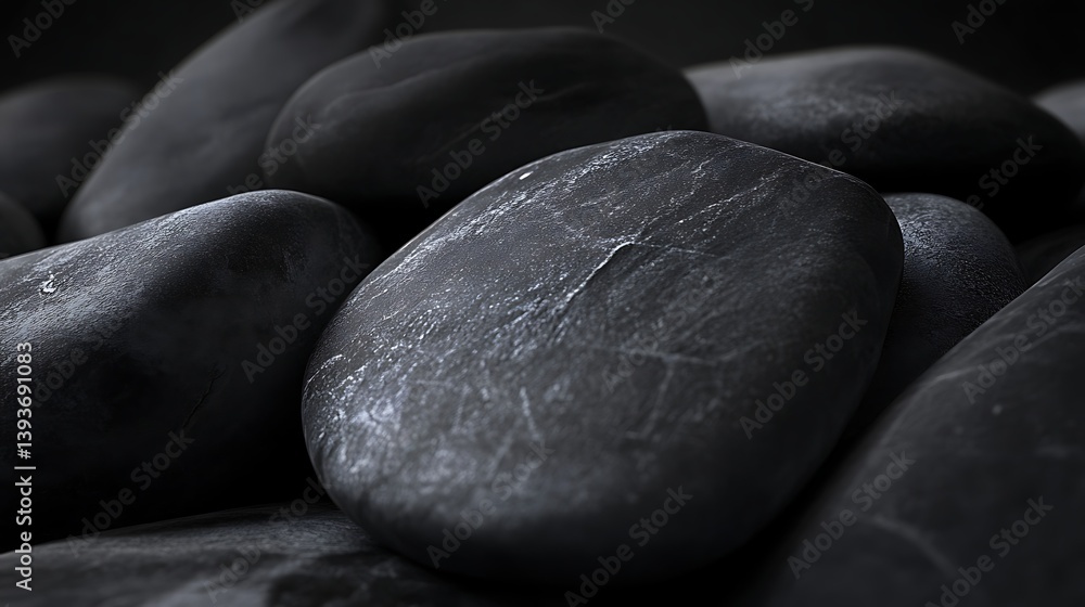 Aufkleber smooth black stones with a glossy surface scattered on a dark background, creating a calming and tra