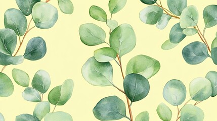 Obraz premium Elegant watercolor eucalyptus leaves pattern with soft yellow background