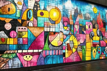 Vibrant Street Art Mural in Psychedelic Pop Art Style with Colorful Geometric Shapes and Abstract Figures