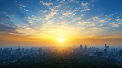 Naklejka premium Vibrant sunrise over cityscape with cloudy sky