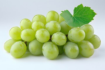 Bunch of Fresh Green Grapes with a Leaf, Healthy Fruit on White Background