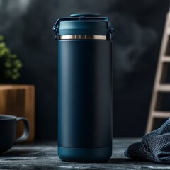 Dark Blue Tumbler Mockup on Table, Close-up Minimalist Product Shot