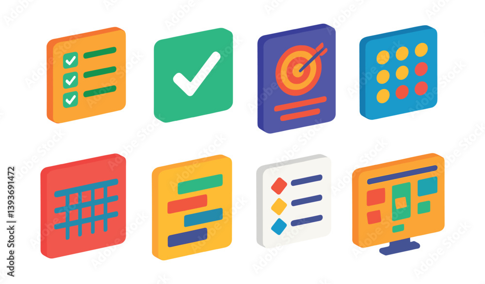 Aufkleber colorful project management icons set in 3d style for effective task organization
