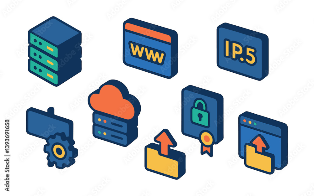 Poster 3d network and security icons set: cloud, server, lock, configuration