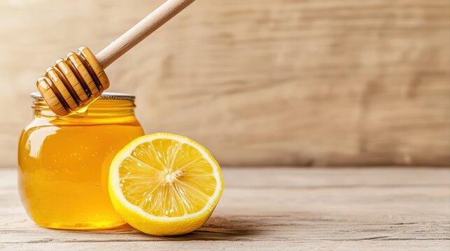 Fresh honey and lemon on rustic wooden background