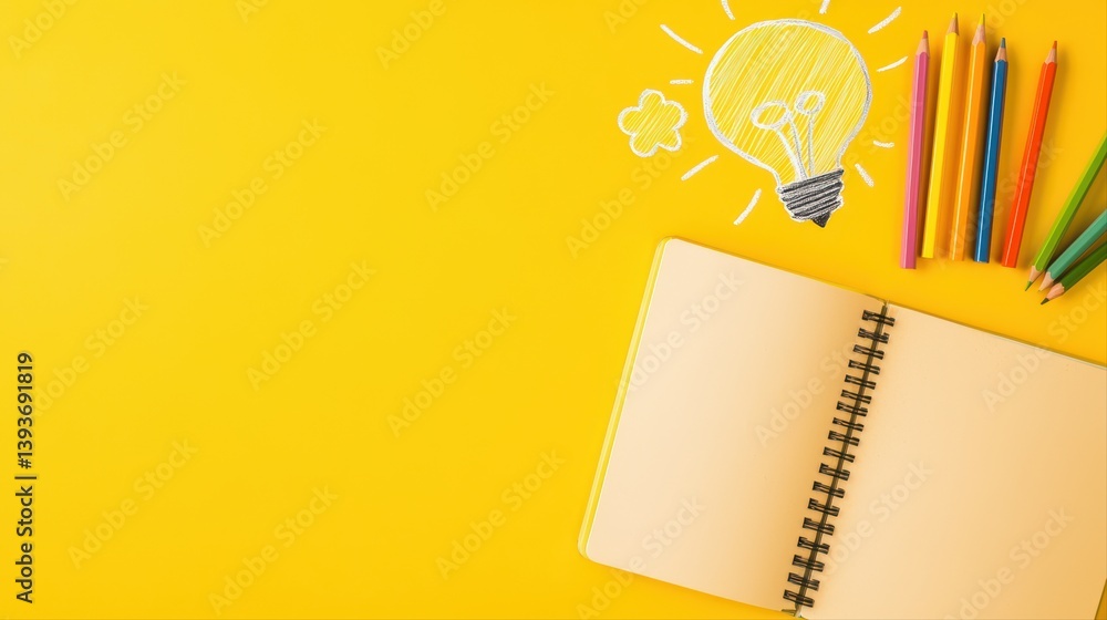 Poster creative workspace with notepad and colorful pencils