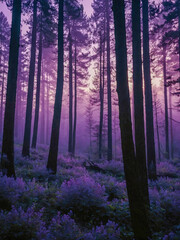 Fototapeta premium Silhouette of a forest with trees bathed in lilac light.