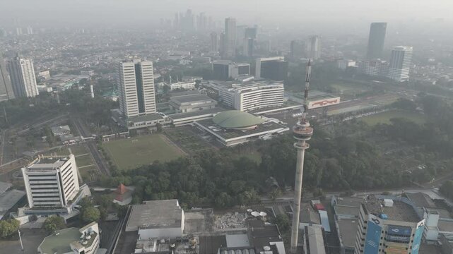 Jakarta Aerial View Featuring MPR/DPR Building and TVRI Tower in Morning Haze