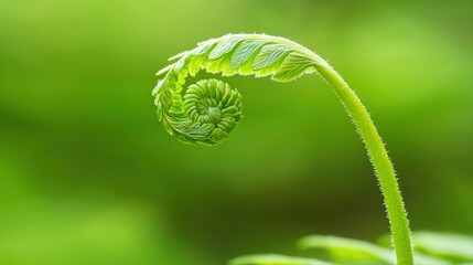 Spiral fern frond emerging in lush green background