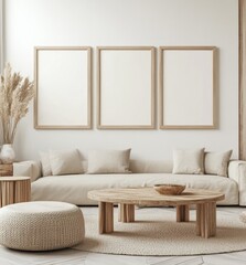 Minimalist living room with wooden furniture and empty frames