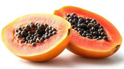 Sliced Papaya with Seeds CloseUp on White Background Tropical Fruit Detail