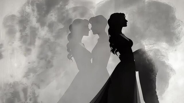 Silhouette of a couple in love embracing against an abstract background.