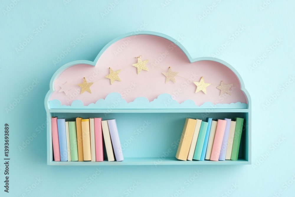 Aufkleber cloud-shaped bookshelf with pastel books and star garland creates a whimsical reading nook in a cozy