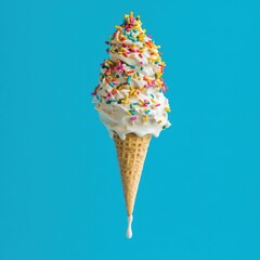 Classic vanilla cone with sprinkles on vibrant blue background