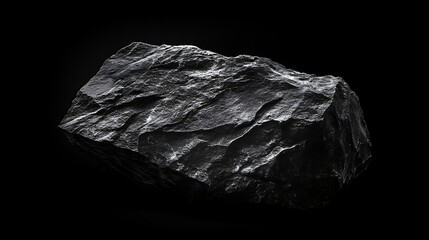 Fototapeta premium A close-up view of a textured, rough black rock against a dark background highlighting its natural features and intricate surfaces