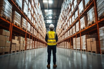 warehouse worker high visibility vest hard hat storage facility boxes industrial lighting