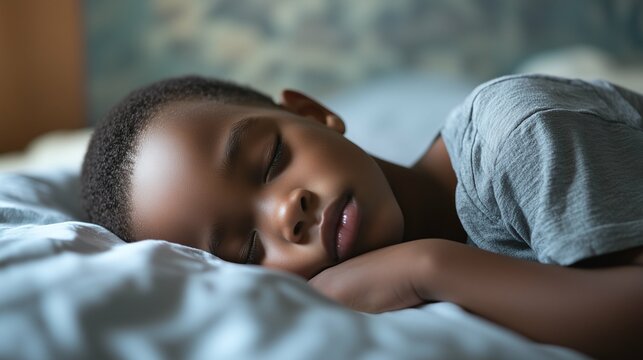 African American little boy sleeping in bed. lying asleep in bedroom. Horizontal photo (16:9)