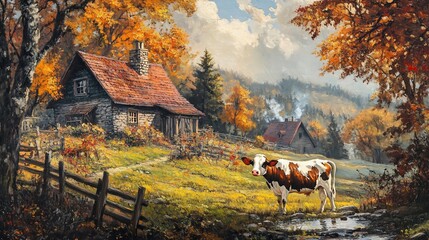 Picturesque autumnal scenery with cow grazing near a quaint stone cottage