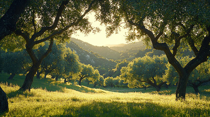 Sunset view through olive trees in a valley