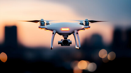 White Drone Flying Over City at Sunset