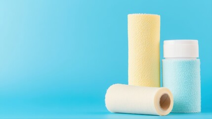 Obraz premium Colorful household cleaning rollers on blue surface