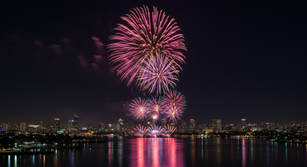 Vibrant fireworks display illuminating the night sky over a city  