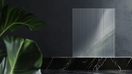 Transparent vertical ribbed glass sculpture placed on a dark marble surface adorned with a green leaf against a textured backdrop, creating a sophisticated and modern aesthetic