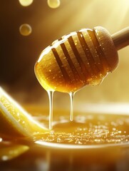 Honey Dripping From Wooden Dipper Into Golden Pool Close-up Shot
