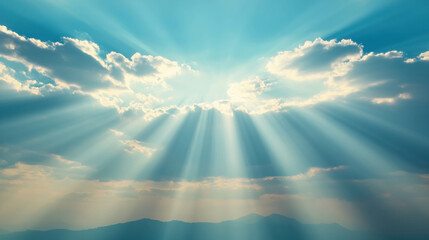 Beautiful Sunlight Breaking Through Clouds Over Scenic Mountain Landscape With Radiant Beams