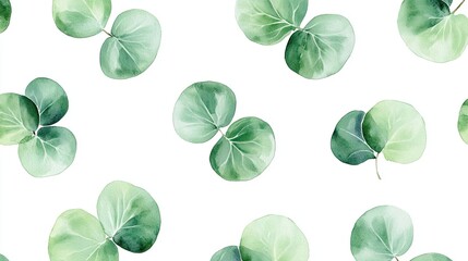 Delicate watercolor pattern featuring vibrant green leaves on a white background