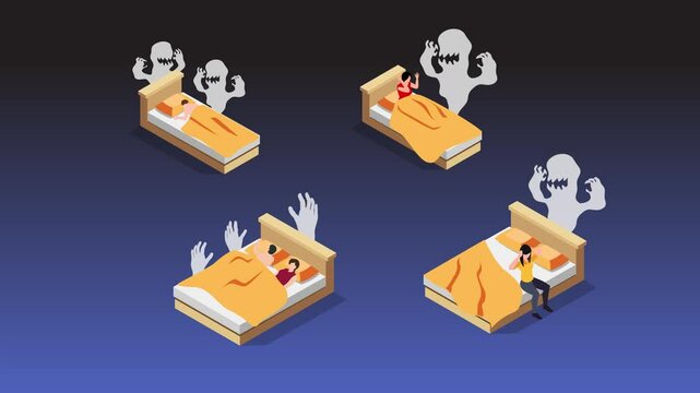 Sleep Paralysis and Nightmares with Scary Ghost Figures 3d animation cartoon