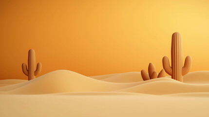 Stylized Cactus Landscape with Warm Orange Background and Soft Sand Dunes