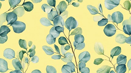 Obraz premium Elegant Eucalyptus Watercolor Pattern on Light Yellow Background for Design Projects