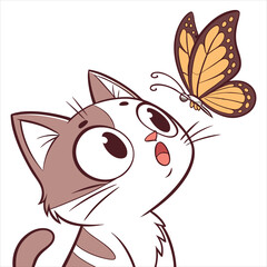 Cute Cat and Butterfly Illustration on White Background