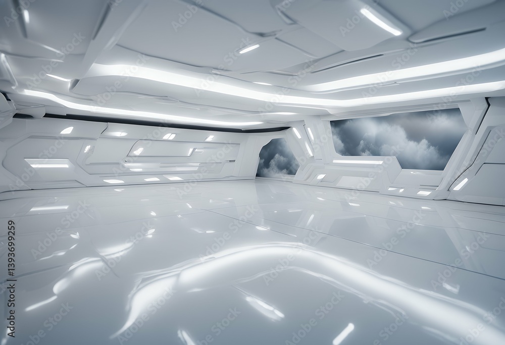 Poster studio inside hall light spaceship technology modern ceiling space empty futuristic white include vi
