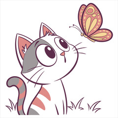 Cute Cat and Butterfly Illustration on White Background