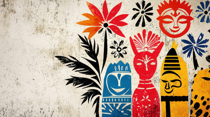 Fototapeta premium Vibrant Folk Art Inspiration with Colorful Masks and Plants on Textured Background