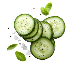 Sliced cucumber with salt and pepper, isolated on white background
