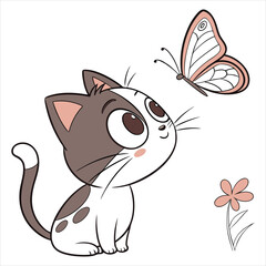 Cute Cat and Butterfly Illustration on White Background