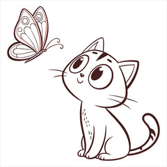 Cute Cat and Butterfly Illustration on White Background