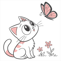 Cute Cat and Butterfly Illustration on White Background