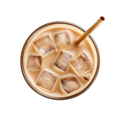 Iced chai latte isolated on transparent background, top view, view from above, delicious chai latte drink in glass cup with ice cubes, cold beverage, for cafe, coffee shop, menu,