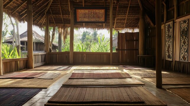 Wooden hut with prayer mats.  Sunlight streams through the thatched roof