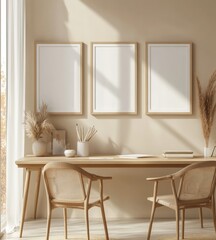 Cozy, minimalist workspace with natural light and wooden frames