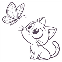 Cute Cat and Butterfly Illustration on White Background