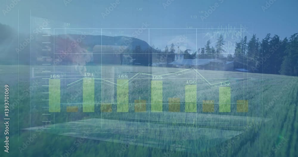 Poster bar graph and data analysis animation over scenic rural landscape with mountains