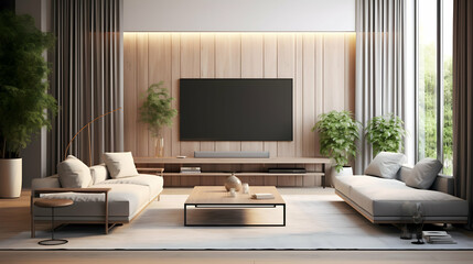 Fototapeta premium Serene living room design featuring a neutral palette, sleek modern furniture, and warm wood paneling, creating a tranquil and sophisticated atmosphere.
